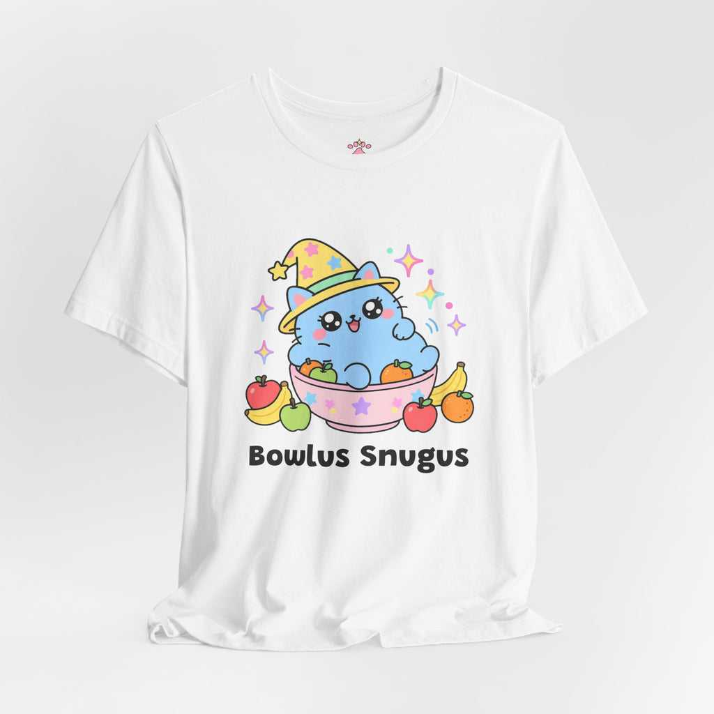 Chubby blue wizard cat crammed into a small fruit bowl with fruit spilling out, Bowlus Snugus tee
