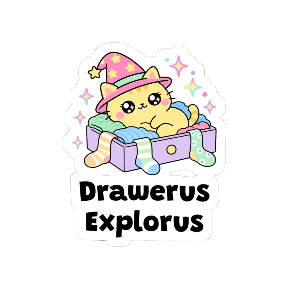 Drawerus Explorus kiss-cut vinyl sticker with a white border: yellow wizard cat in a pink hat sitting inside an open purple drawer, with "Drawerus Explorus" in black letters