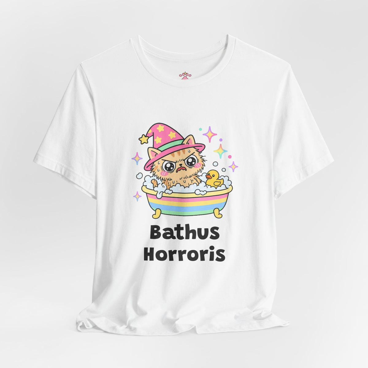 Soaking wet ginger wizard cat in a pink hat in a bubbly bathtub with a rubber duck, Bathus Horroris tee