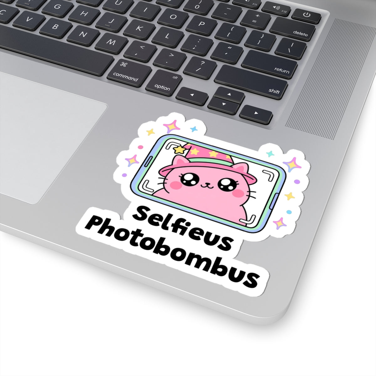 Selfieus Photobombus wizard cat sticker stuck on a silver laptop next to the keyboard