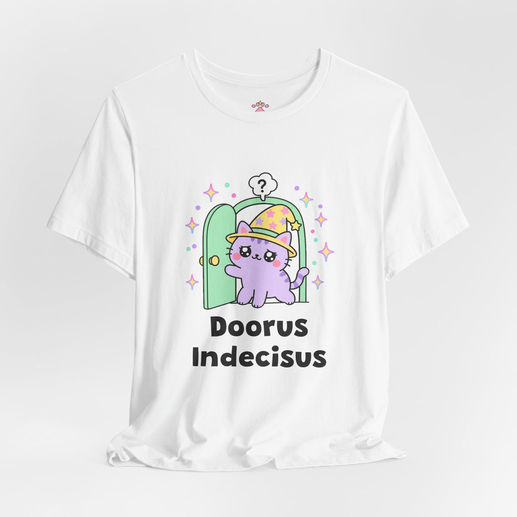 White Doorus Indecisus wizard cat T-shirt shown in a soft studio setting: lilac wizard cat in a yellow hat standing in an open green doorway with a question mark