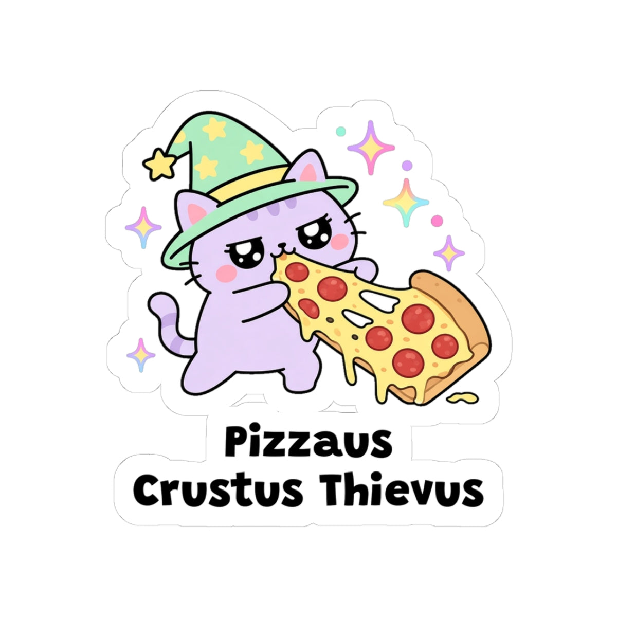 Pizzaus Crustus Thievus kiss-cut vinyl sticker with a white border: lilac wizard cat in a green hat dragging away a slice of pepperoni pizza, with "Pizzaus Crustus Thievus" in black letters