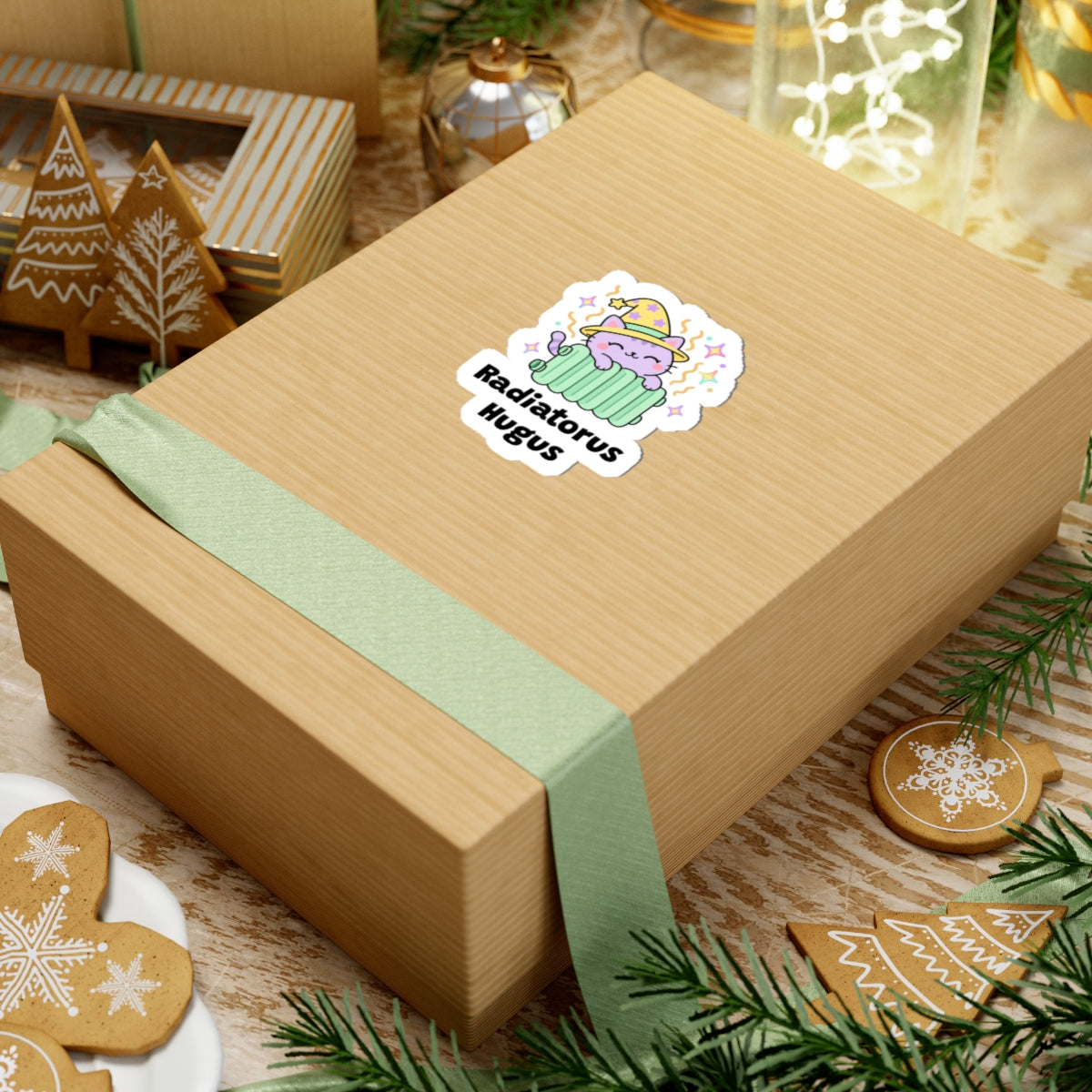 Radiatorus Hugus wizard cat sticker on a kraft gift box with a green ribbon and holiday cookies