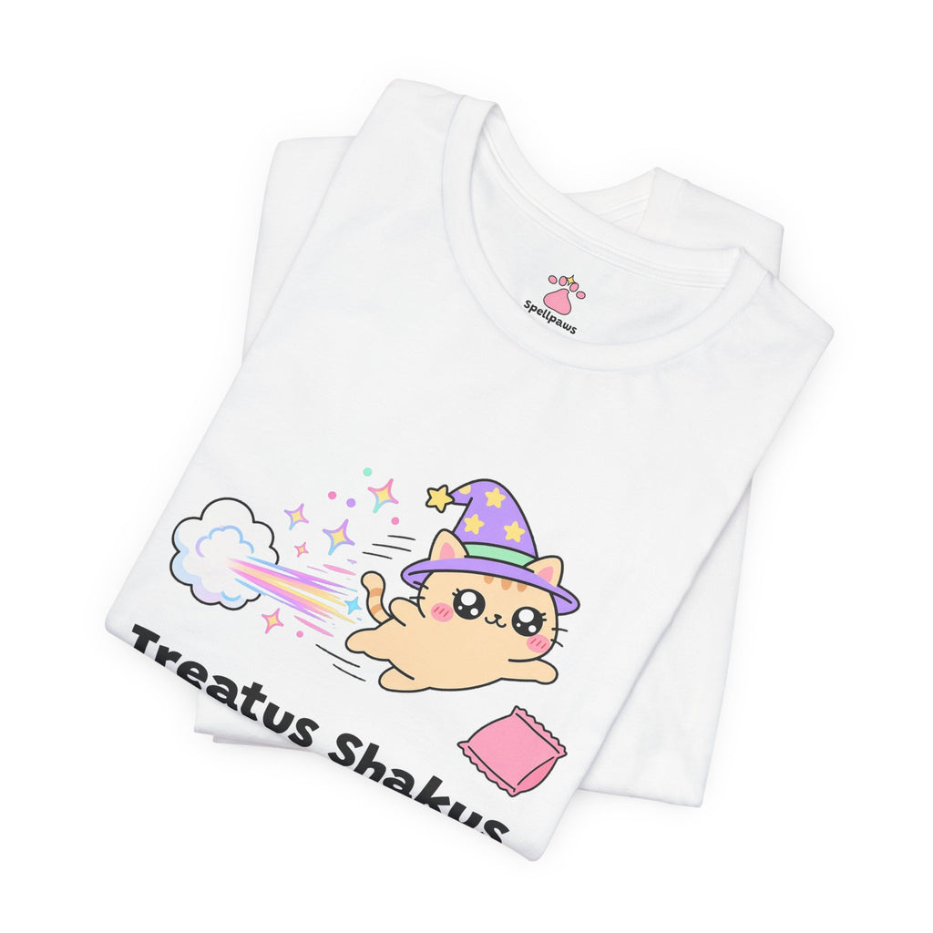 Orange wizard cat in a purple hat zooming at top speed in a burst of rainbow sparkles toward a pink treat bag, Treatus Shakus Summonus tee