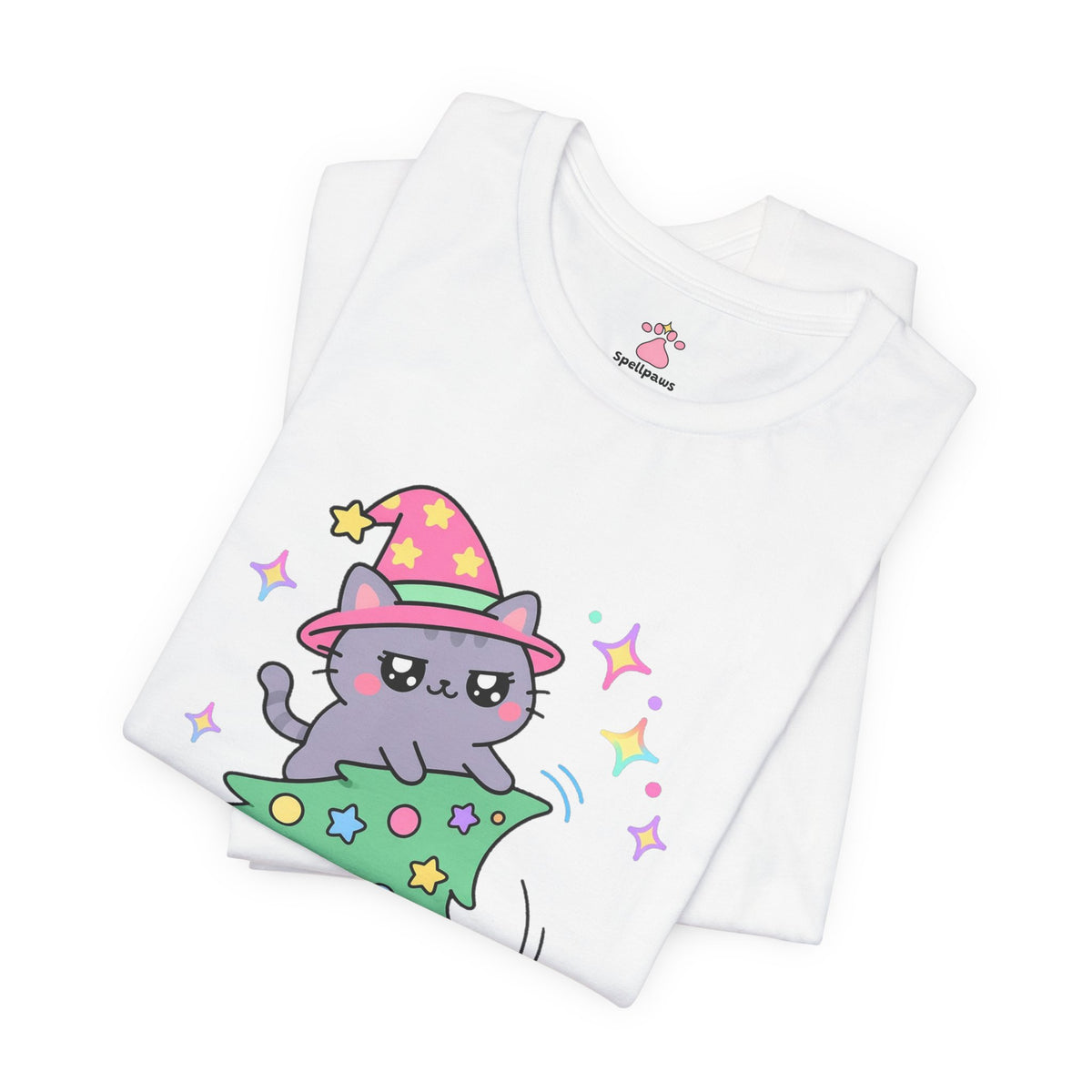Gray wizard cat in a pink hat climbing to the top of a leaning decorated holiday tree, the star knocked off, Treeus Holidayus Climbus tee