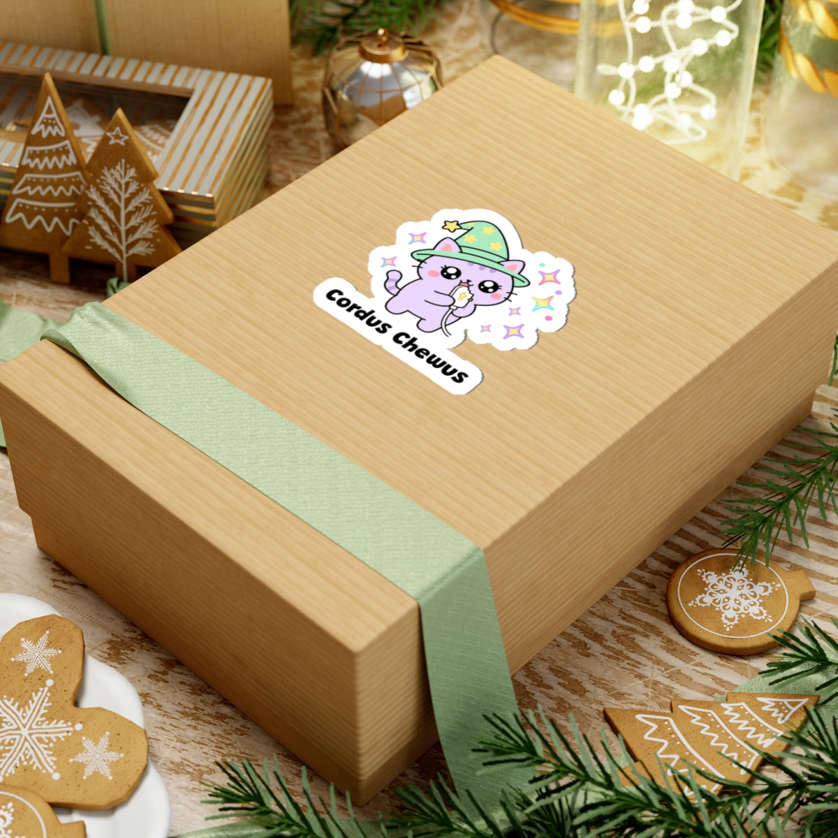 Cordus Chewus wizard cat sticker on a kraft gift box with a green ribbon and holiday cookies