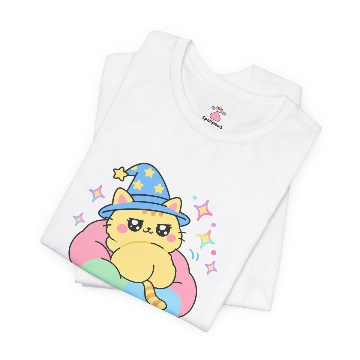 Yellow wizard cat in a rainbow hat turning around on a cushion and proudly showing its fluffy butt, Buttus Presentus tee