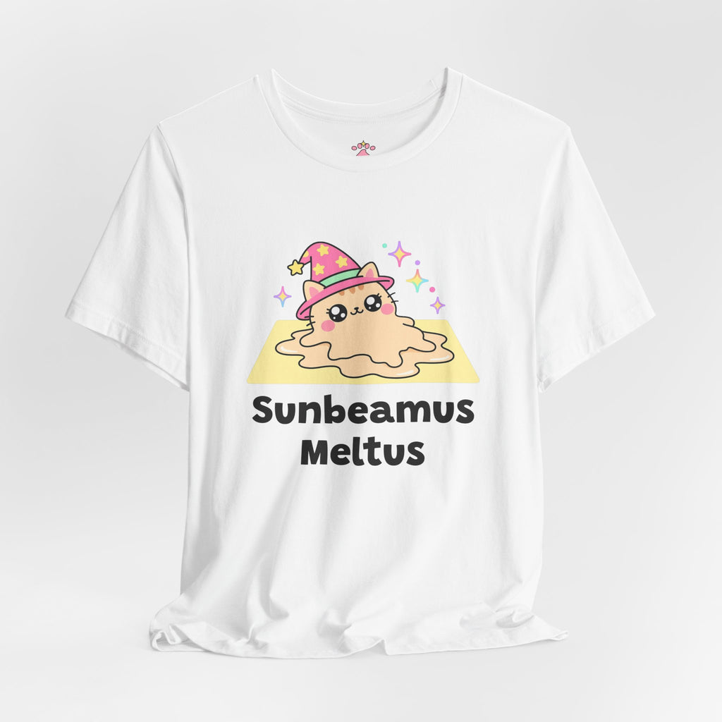 Wizard cat in a pink hat melted into a puddle inside a square sunbeam on the floor, Sunbeamus Meltus tee