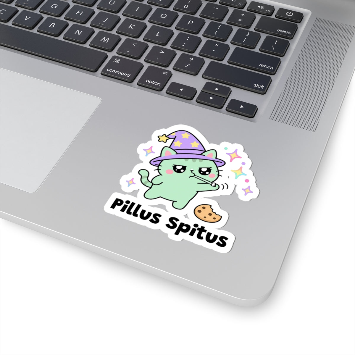 Pillus Spitus wizard cat sticker stuck on a silver laptop next to the keyboard