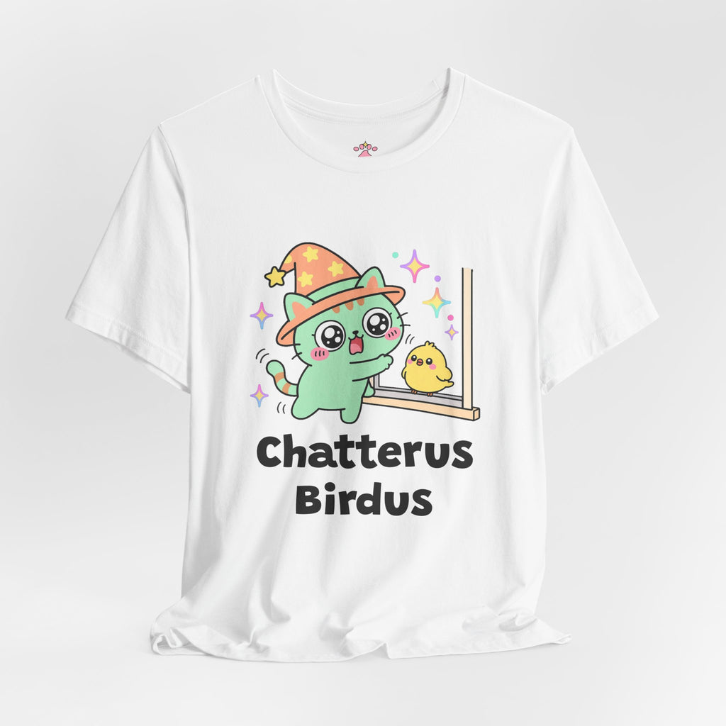 Green wizard cat in an orange hat chattering at a tiny yellow bird outside a window, Chatterus Birdus tee