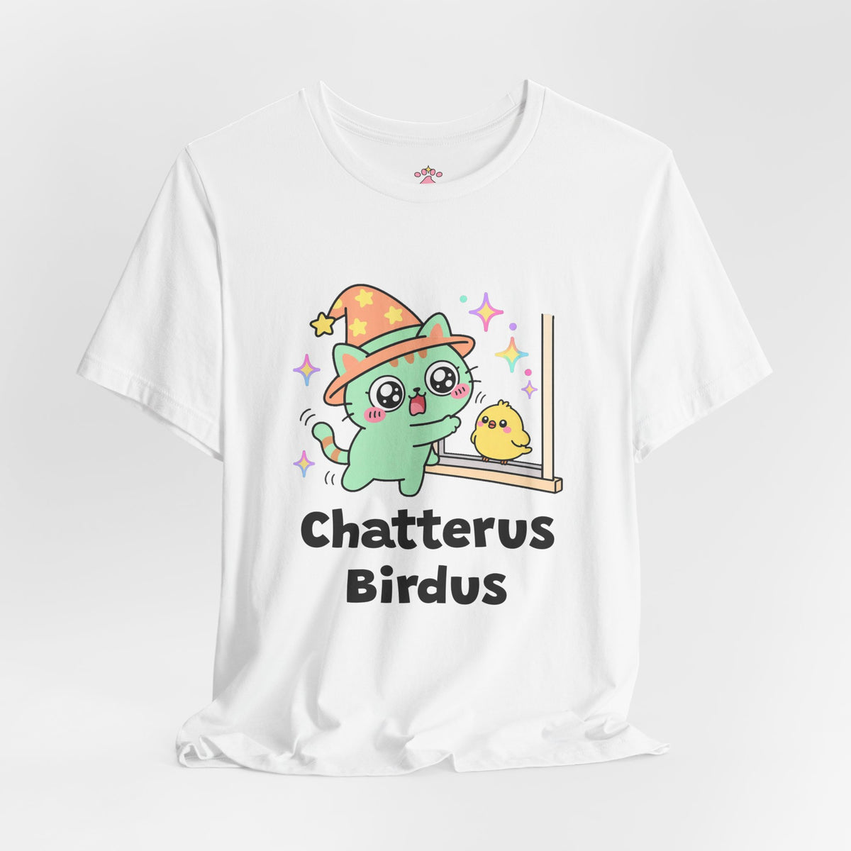 Green wizard cat in an orange hat chattering at a tiny yellow bird outside a window, Chatterus Birdus tee
