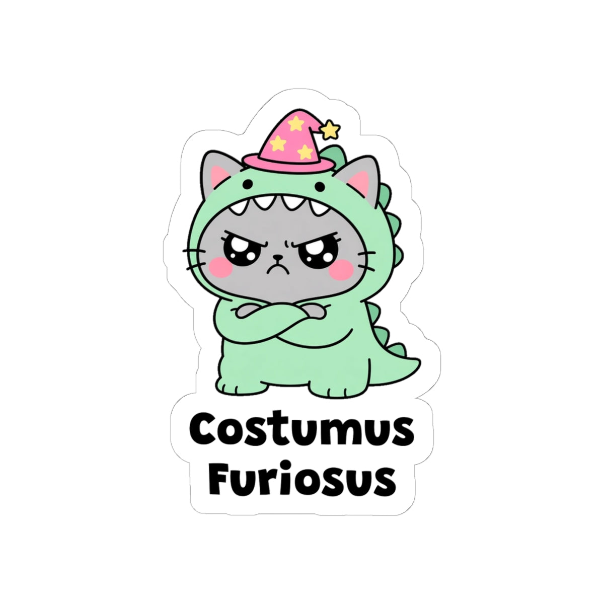 Costumus Furiosus kiss-cut vinyl sticker on a white background, size option 3: grey wizard cat in a pink hat wearing a green dinosaur costume, looking furious