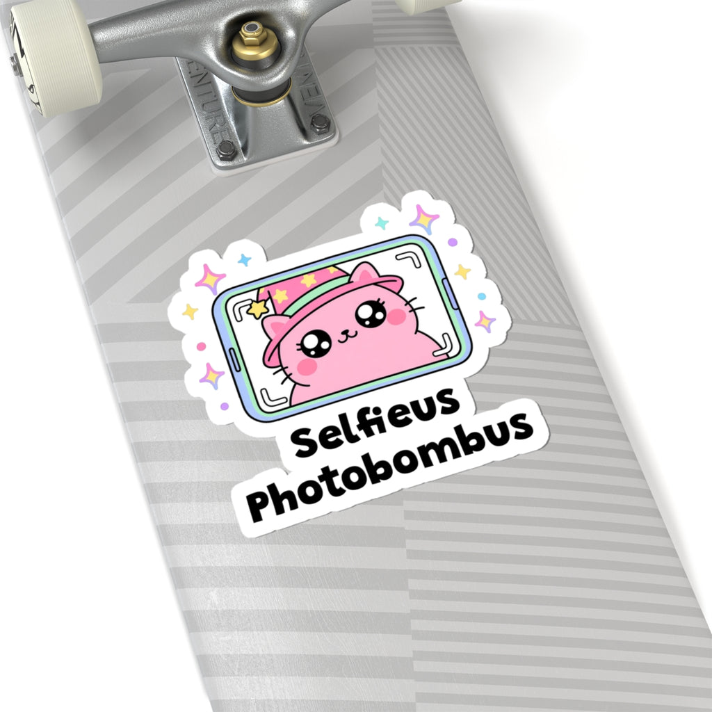 Selfieus Photobombus wizard cat sticker on a grey skateboard deck near the truck