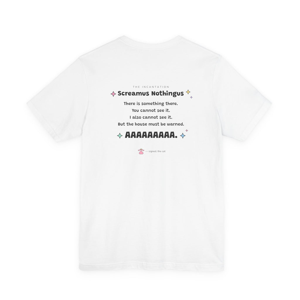 Puffed-up wizard cat in a pink hat yelling at an empty corner of the room, Screamus Nothingus tee