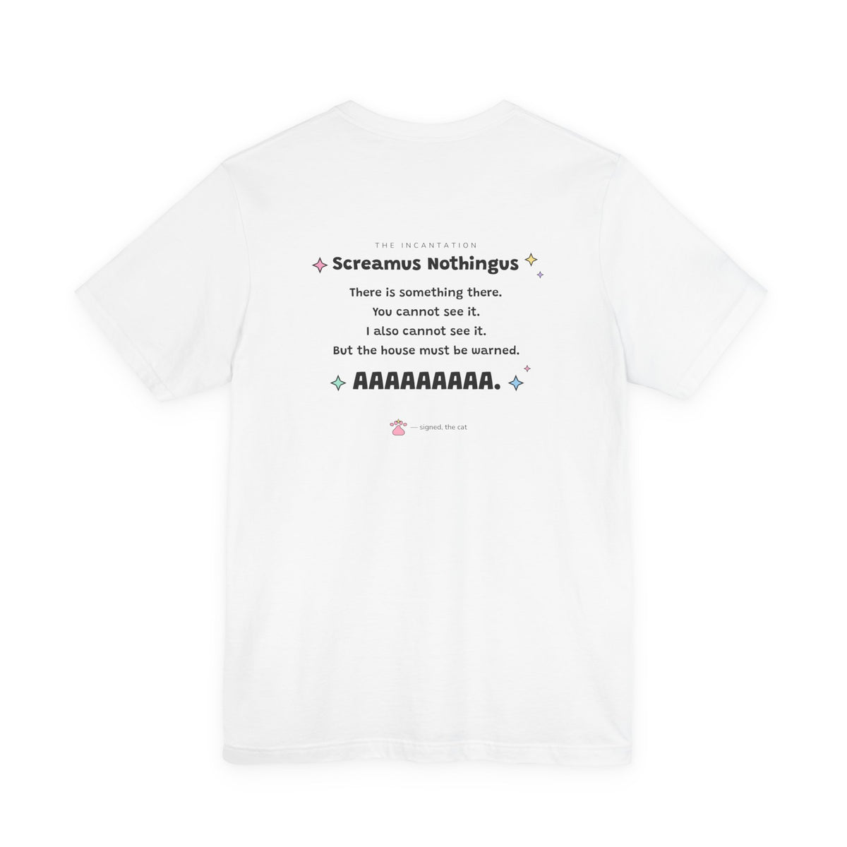 Puffed-up wizard cat in a pink hat yelling at an empty corner of the room, Screamus Nothingus tee