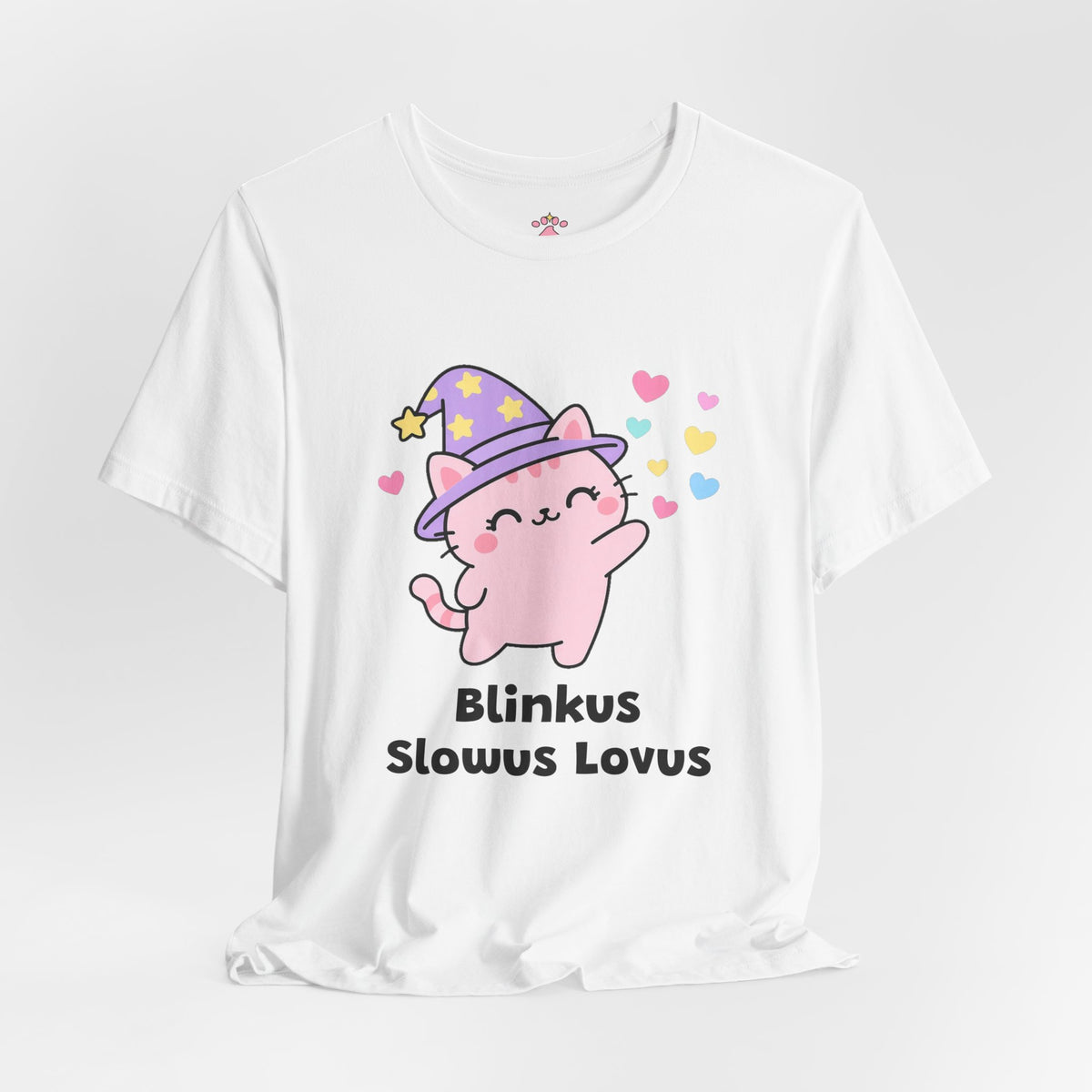 Pink wizard cat in a purple hat doing a slow loving blink with floating hearts, Blinkus Slowus Lovus tee