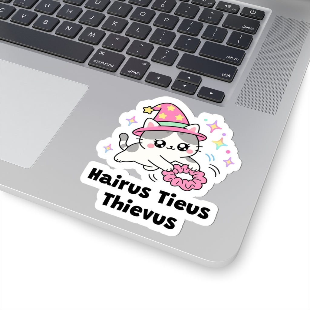Hairus Tieus Thievus wizard cat sticker stuck on a silver laptop next to the keyboard
