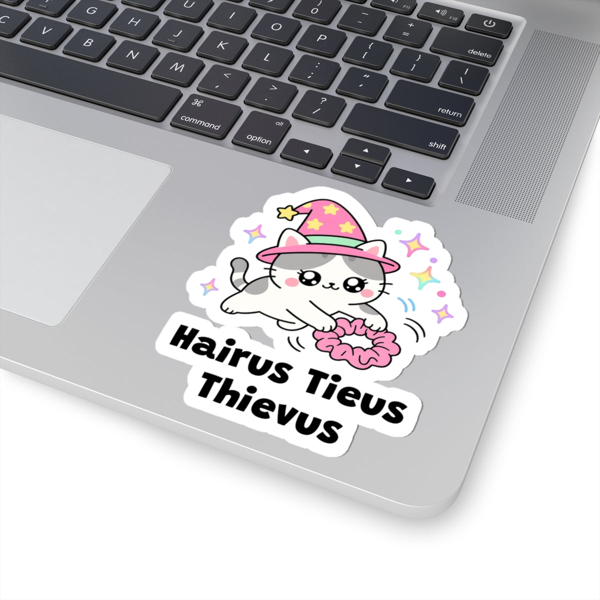 Hairus Tieus Thievus wizard cat sticker stuck on a silver laptop next to the keyboard