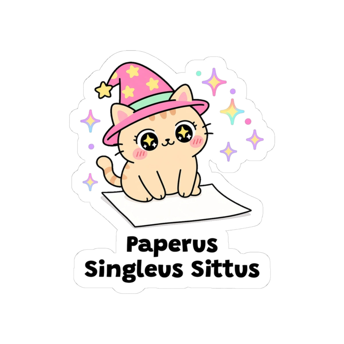 Paperus Singleus Sittus kiss-cut vinyl sticker with a white border: peach wizard cat in a pink hat sitting on a single sheet of paper, with "Paperus Singleus Sittus" in black letters