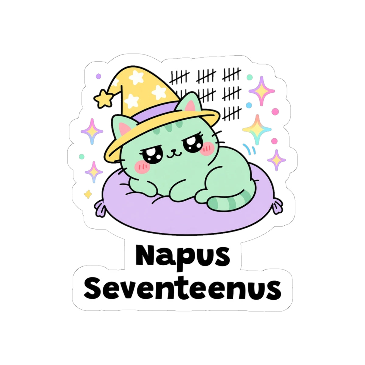 Napus Seventeenus kiss-cut vinyl sticker on a white background, size option 2: mint-green wizard cat in a yellow hat napping on a purple cushion