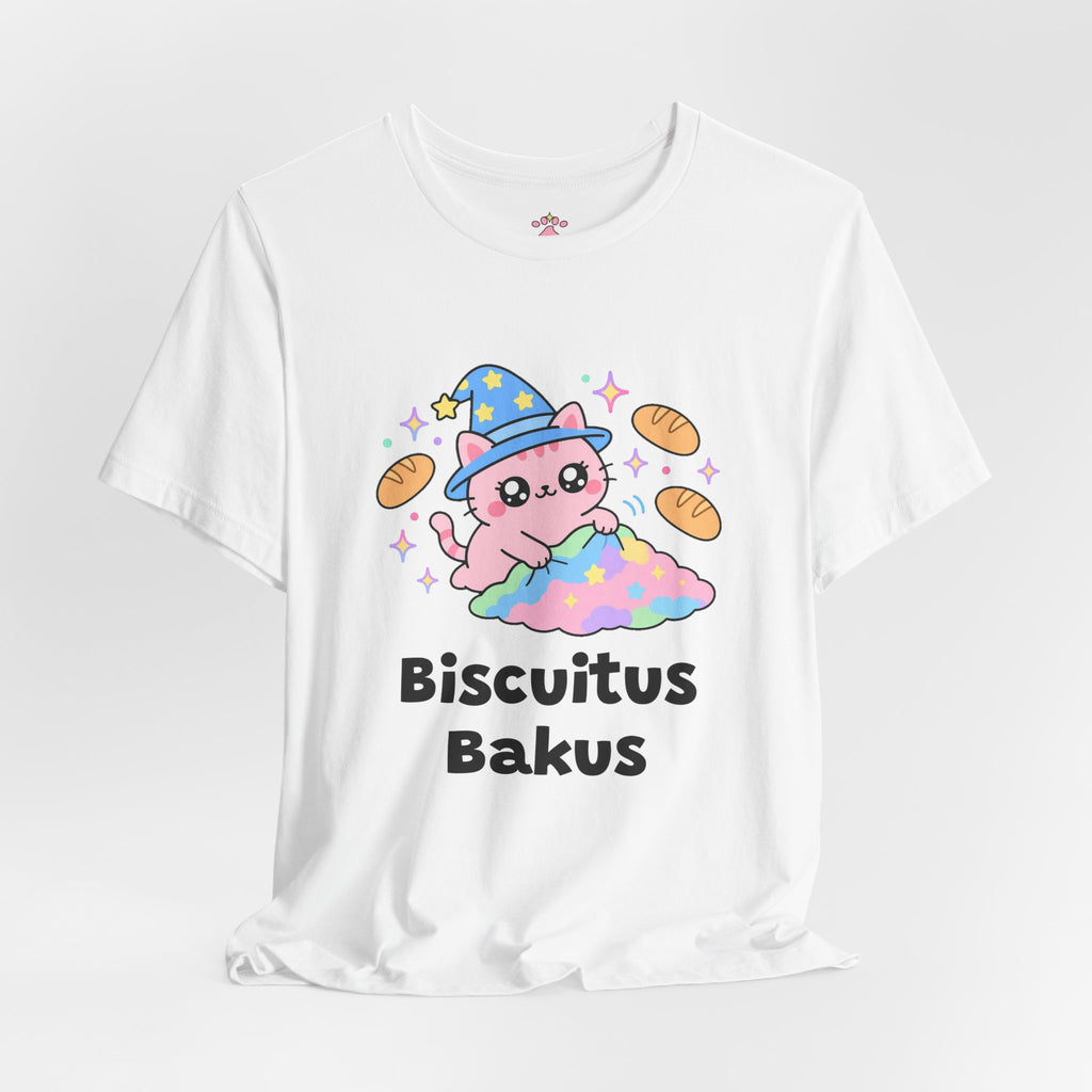 Pink wizard cat in a blue hat kneading a fluffy rainbow blanket with little bread loaves floating around, Biscuitus Bakus tee