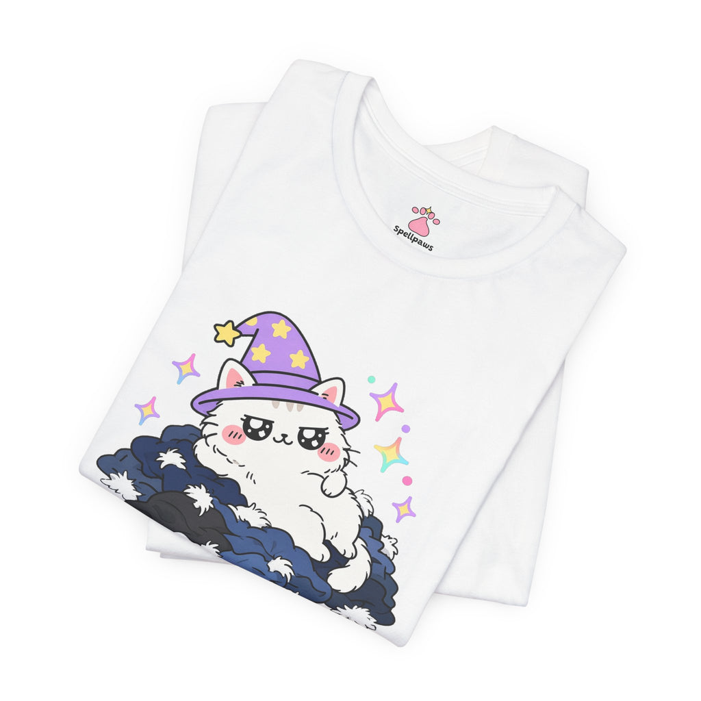 White wizard cat in a purple hat lounging smugly on a pile of freshly washed dark clothes, Laundrus Cleanus Furrus tee