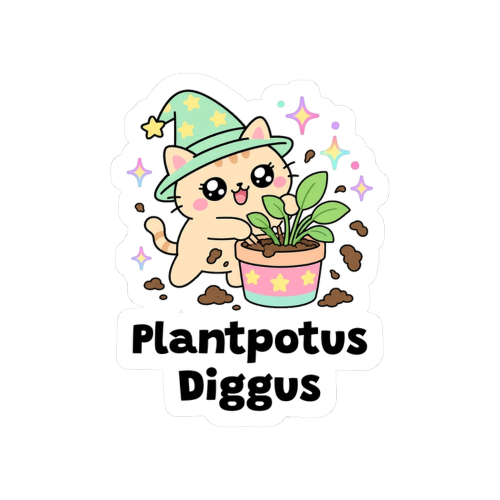 Plantpotus Diggus kiss-cut vinyl sticker on a white background, size option 4: peach wizard cat in a green hat digging in a houseplant pot, soil flying