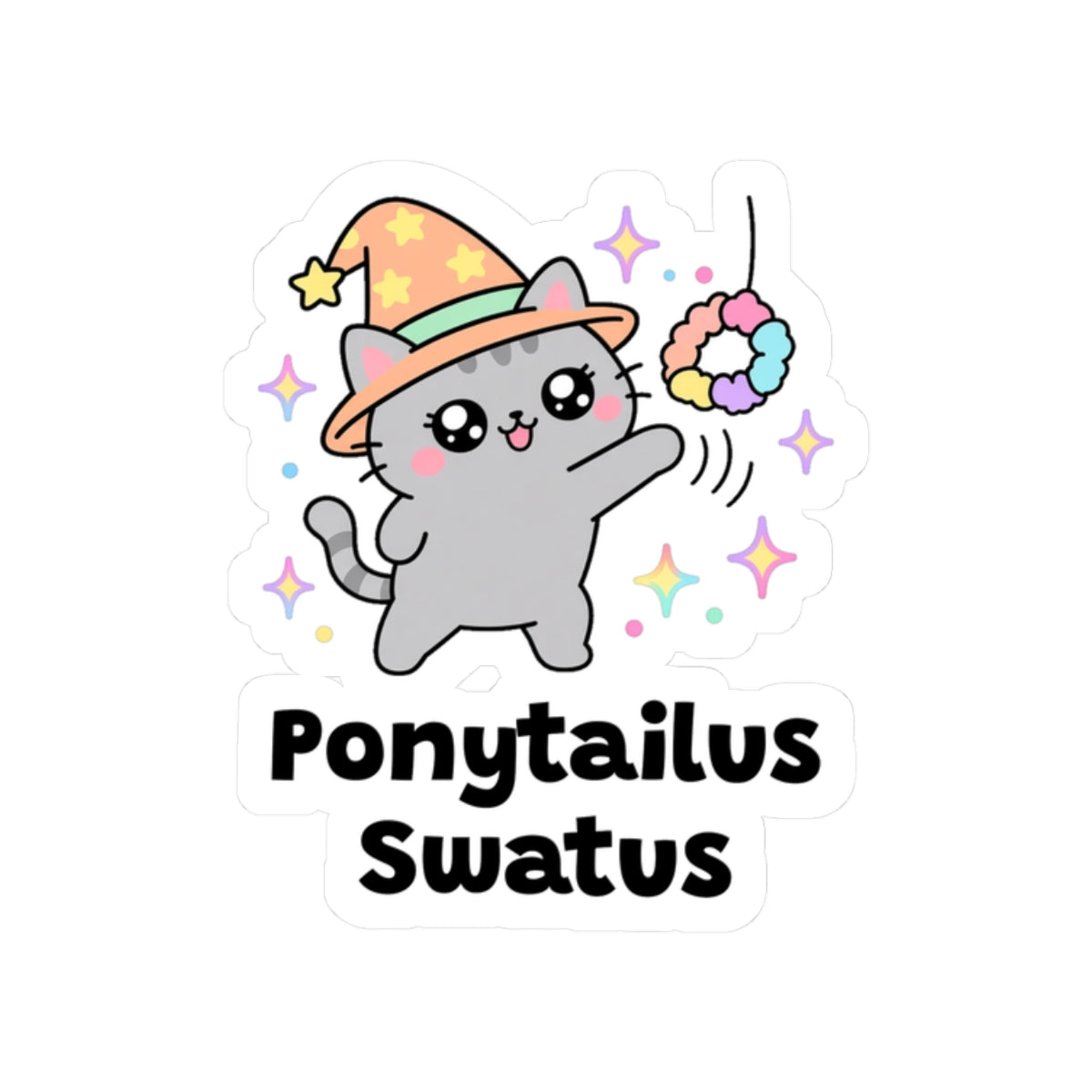 Ponytailus Swatus kiss-cut vinyl sticker on a white background, size option 4: grey wizard cat in an orange hat swatting at a ponytail