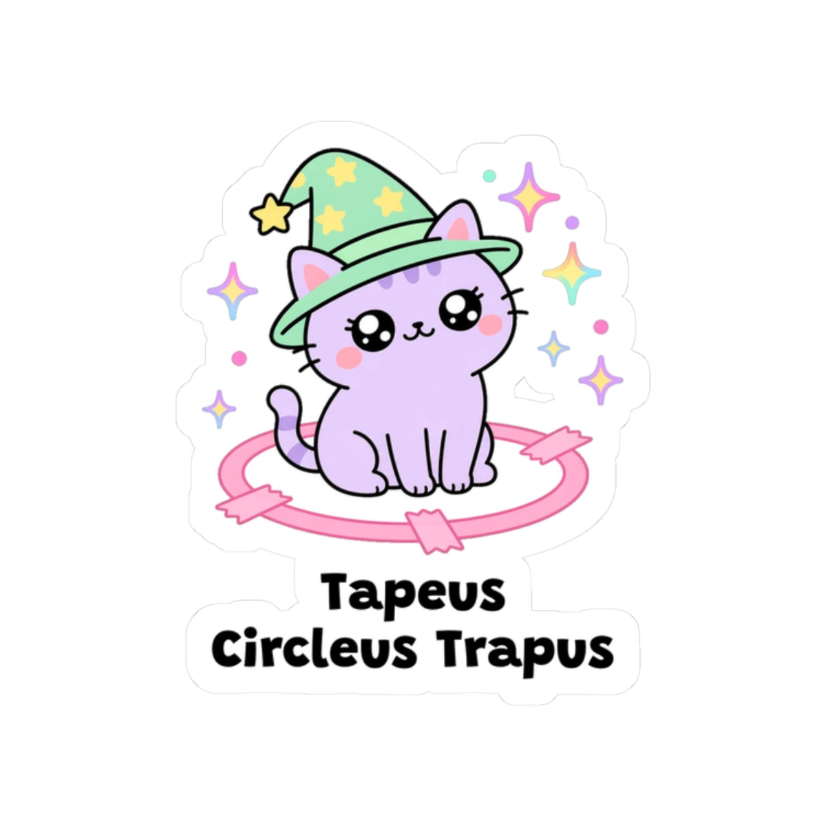 Tapeus Circleus Trapus kiss-cut vinyl sticker on a white background, size option 4: lilac wizard cat in a green hat sitting inside a pink tape circle on the floor