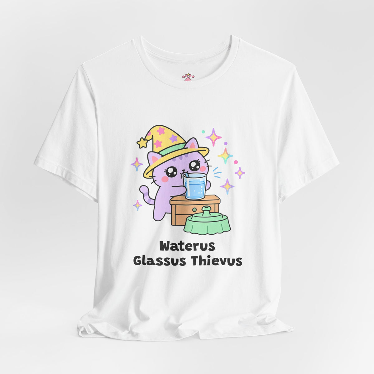 Lavender wizard cat in a yellow hat drinking from a human water glass on a nightstand, Waterus Glassus Thievus tee