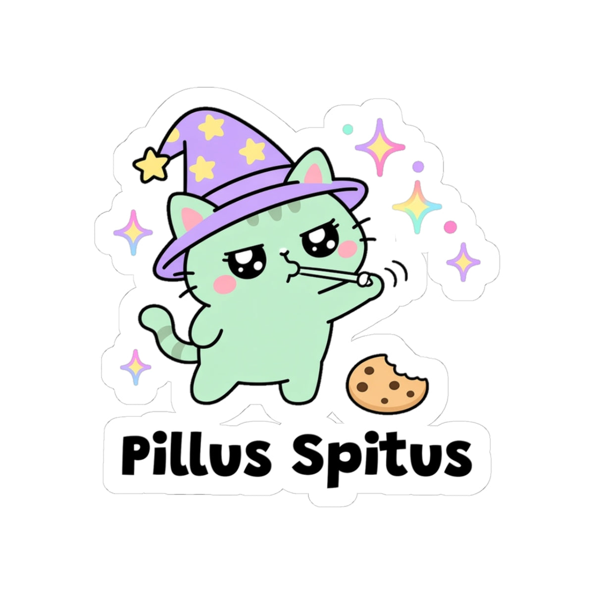 Pillus Spitus kiss-cut vinyl sticker with a white border: mint-green wizard cat in a purple hat spitting out a pill beside a cookie treat, with "Pillus Spitus" in black letters