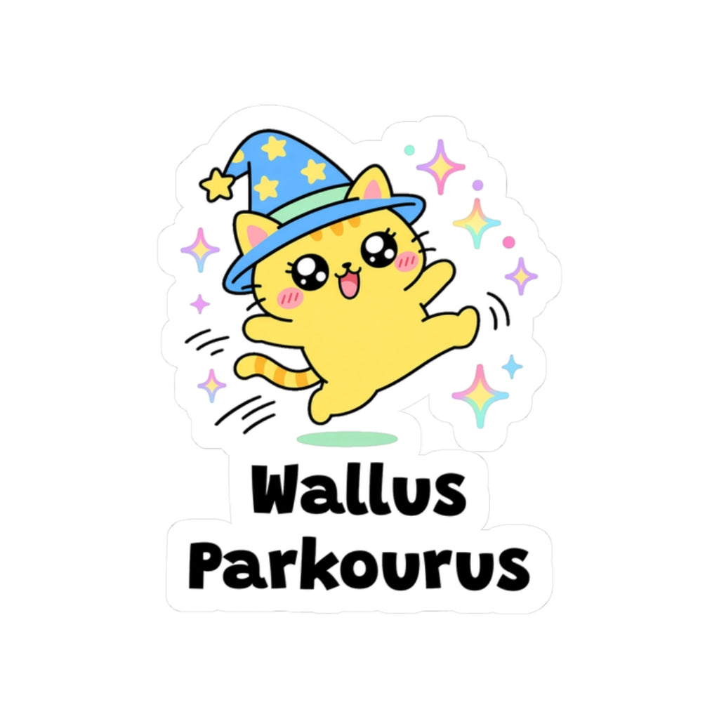 Wallus Parkourus kiss-cut vinyl sticker on a white background, size option 4: yellow wizard cat in a blue hat bouncing off a wall mid-zoomies