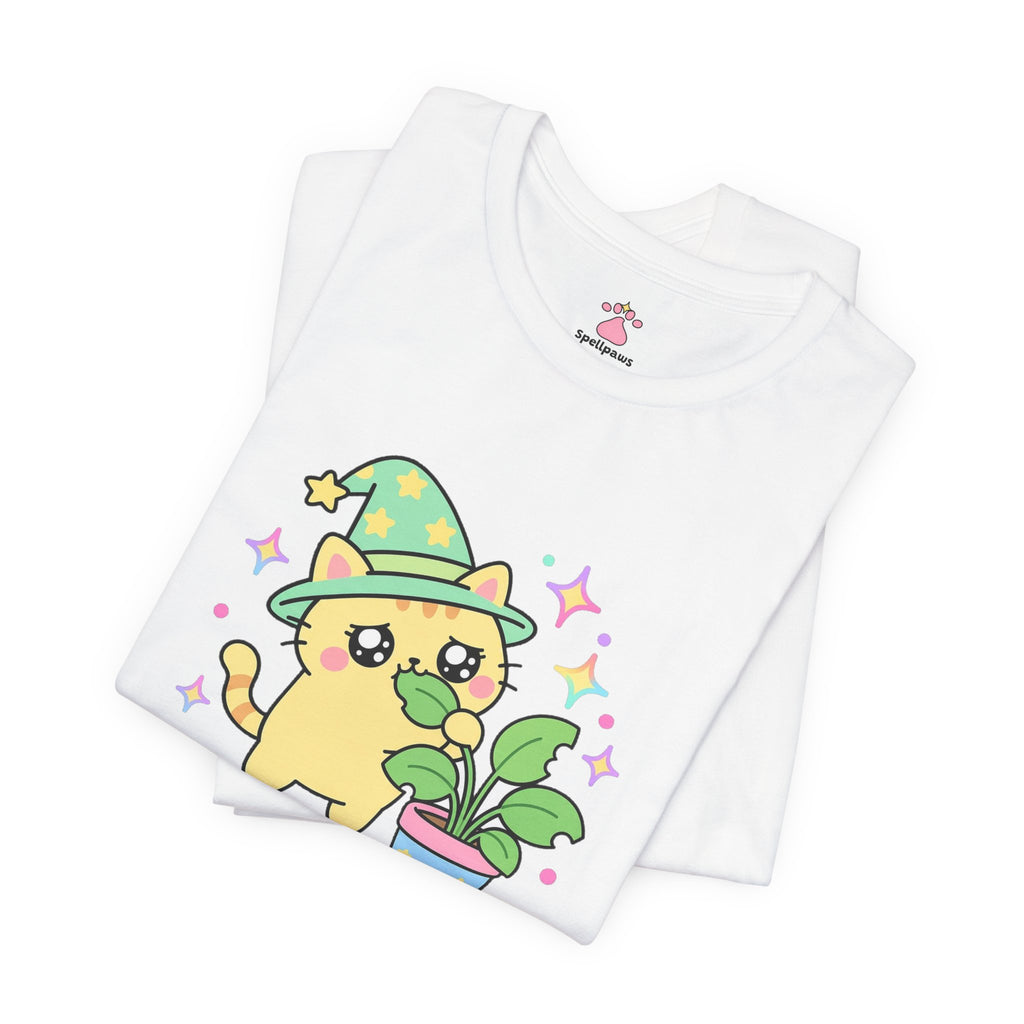 Yellow wizard cat in a green star hat chewing a leaf of a potted houseplant with a guilty sideways look, Plantus Munchus tee