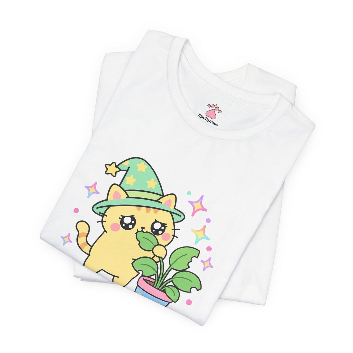 Yellow wizard cat in a green star hat chewing a leaf of a potted houseplant with a guilty sideways look, Plantus Munchus tee