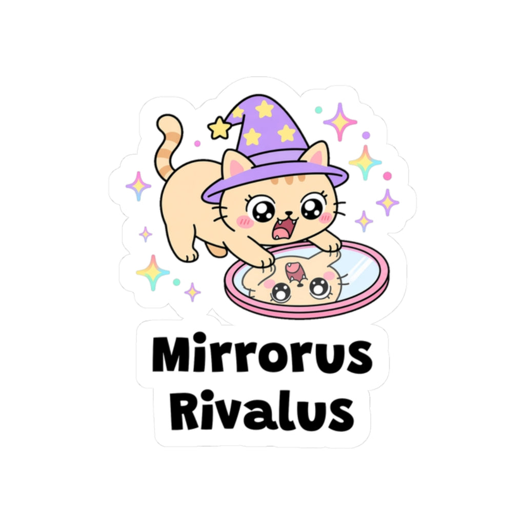 Mirrorus Rivalus kiss-cut vinyl sticker on a white background, size option 4: cream wizard cat in a purple hat squaring up to its reflection in a round mirror