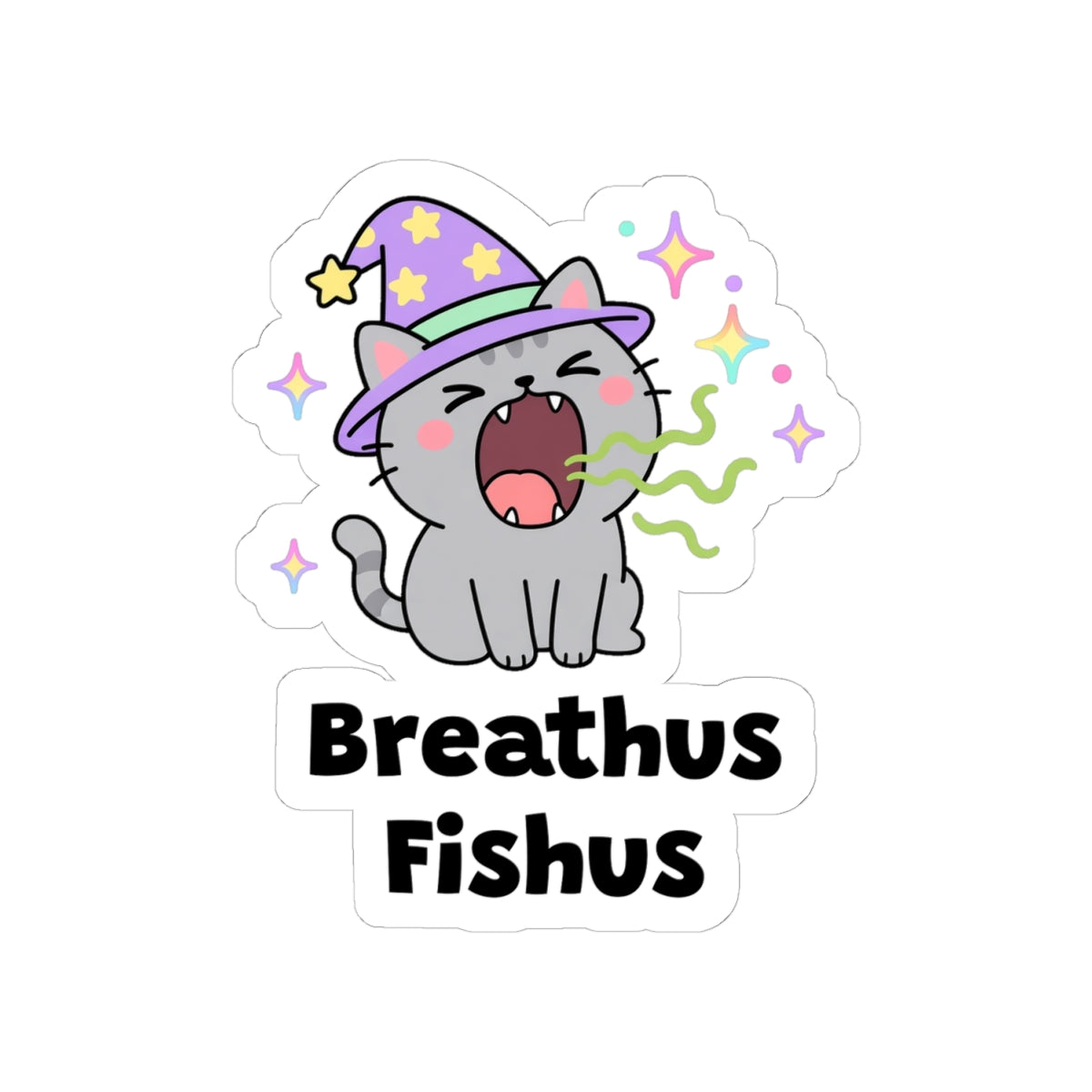 Breathus Fishus kiss-cut vinyl sticker on a white background, size option 2: grey wizard cat in a purple hat yawning wide with little stink lines