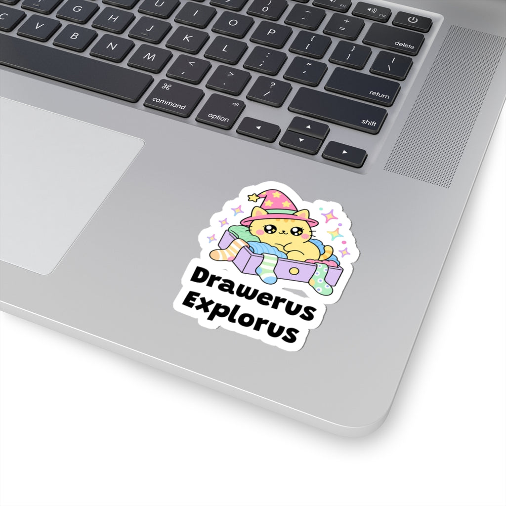 Drawerus Explorus wizard cat sticker stuck on a silver laptop next to the keyboard