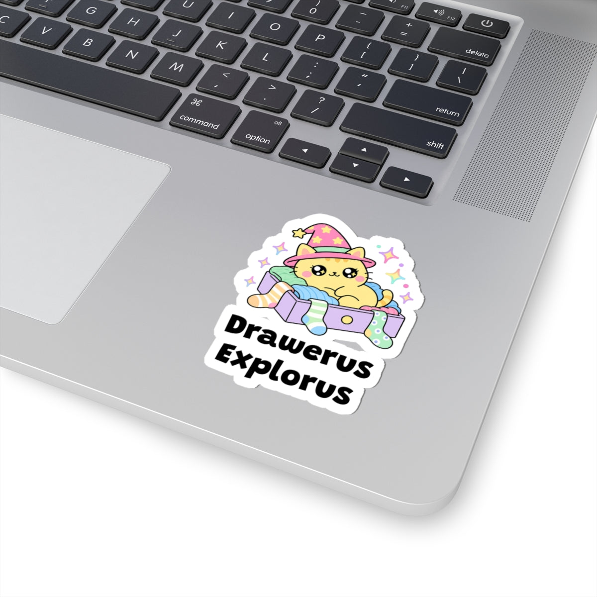 Drawerus Explorus wizard cat sticker stuck on a silver laptop next to the keyboard