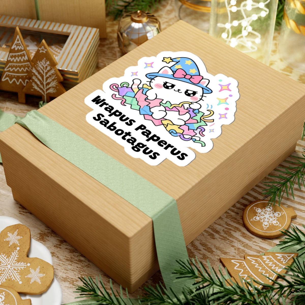 Wrapus Paperus Sabotagus wizard cat sticker on a kraft gift box with a green ribbon and holiday cookies