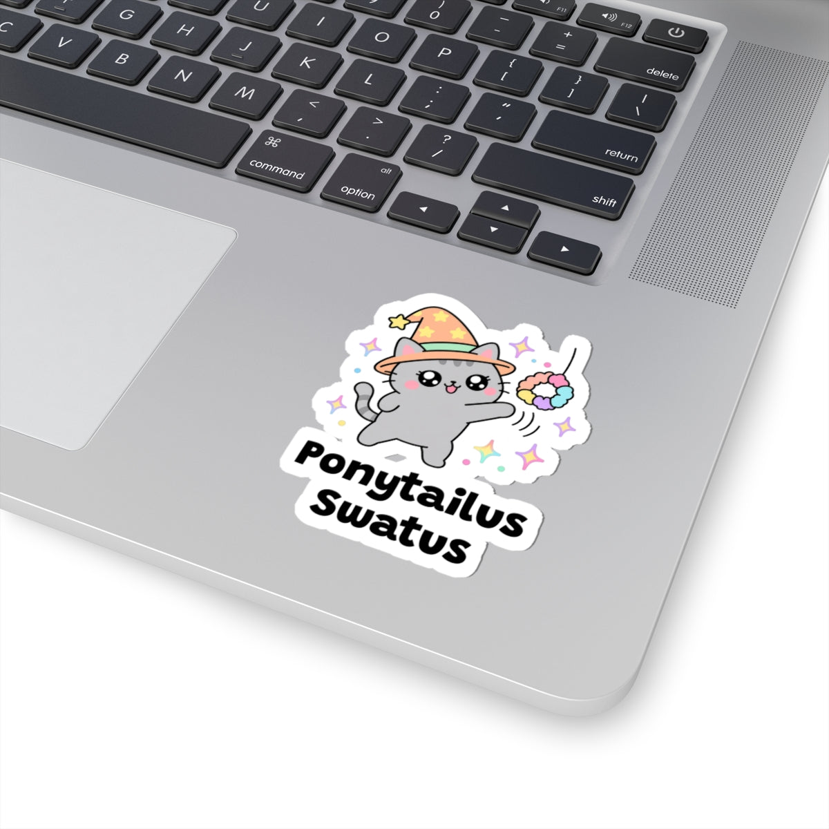 Ponytailus Swatus wizard cat sticker stuck on a silver laptop next to the keyboard