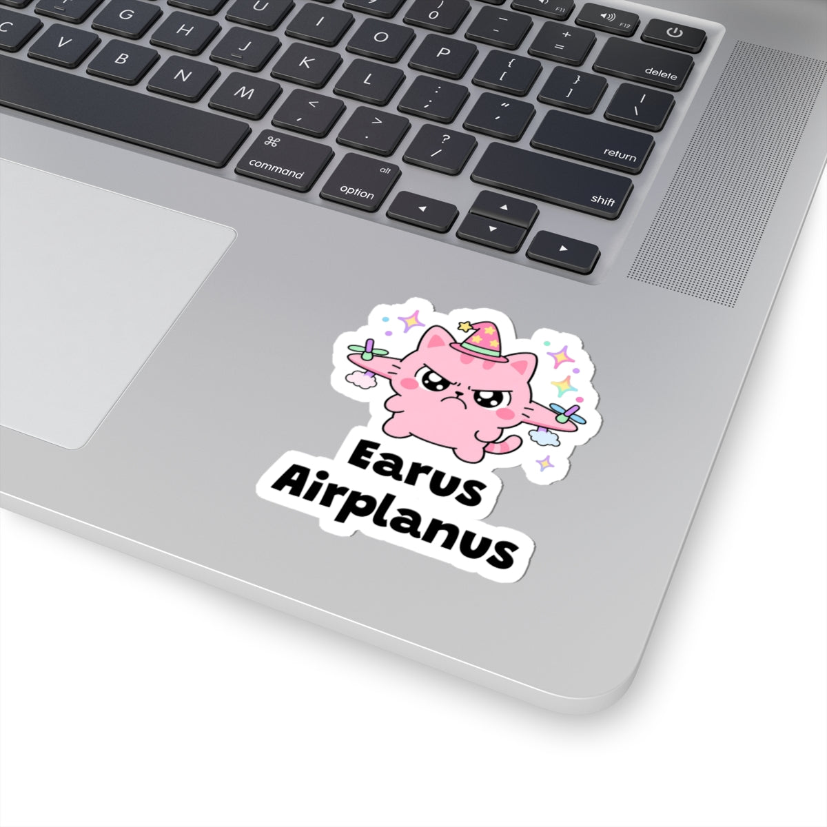 Earus Airplanus wizard cat sticker stuck on a silver laptop next to the keyboard