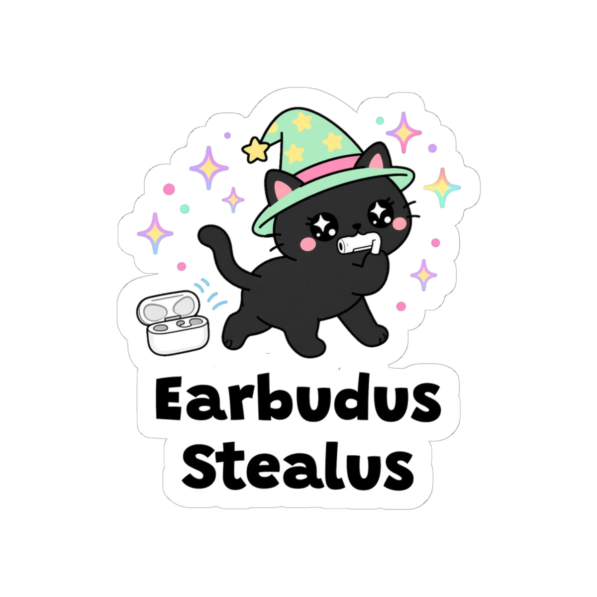Earbudus Stealus kiss-cut vinyl sticker on a white background, size option 3: black wizard cat in a green hat stealing a wireless earbud from its case