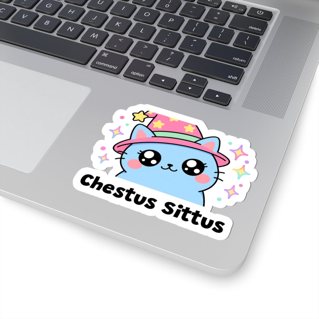 Chestus Sittus wizard cat sticker stuck on a silver laptop next to the keyboard