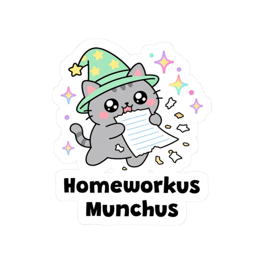 Homeworkus Munchus kiss-cut vinyl sticker on a white background, size option 4: grey wizard cat in a green hat chewing on a torn sheet of homework paper