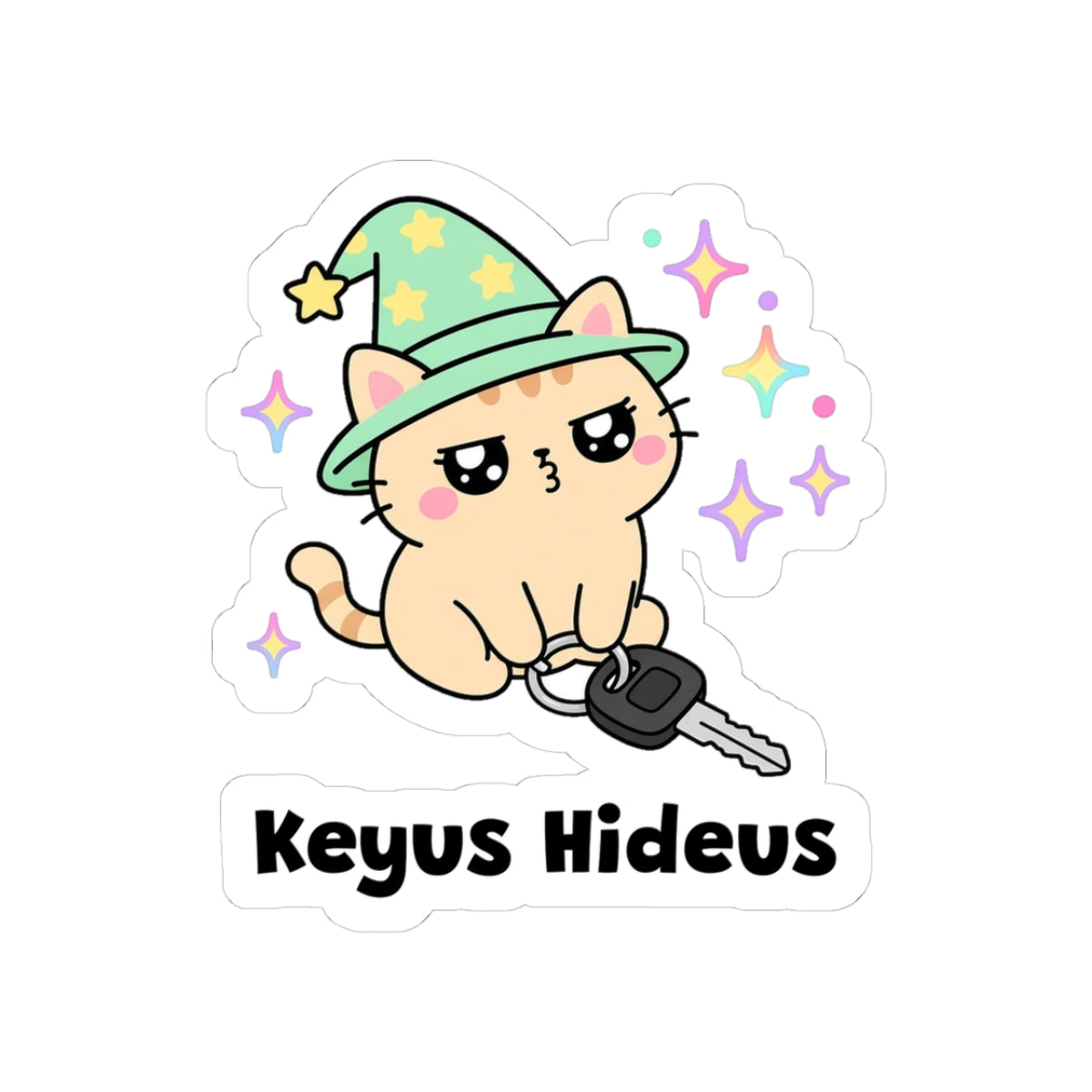 Keyus Hideus kiss-cut vinyl sticker with a white border: peach wizard cat in a green hat sitting on a set of car keys, with "Keyus Hideus" in black letters