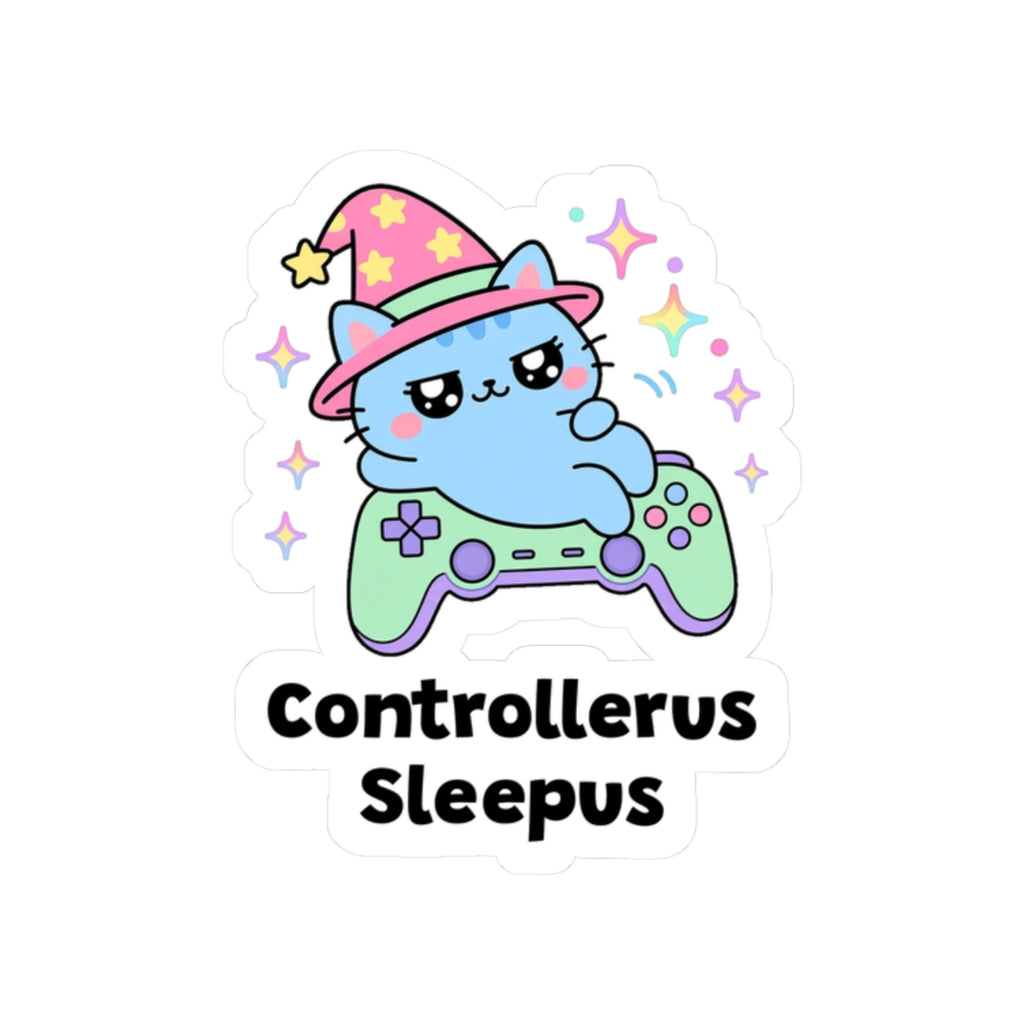 Controllerus Sleepus kiss-cut vinyl sticker on a white background, size option 4: blue wizard cat in a pink hat lying across a green video game controller