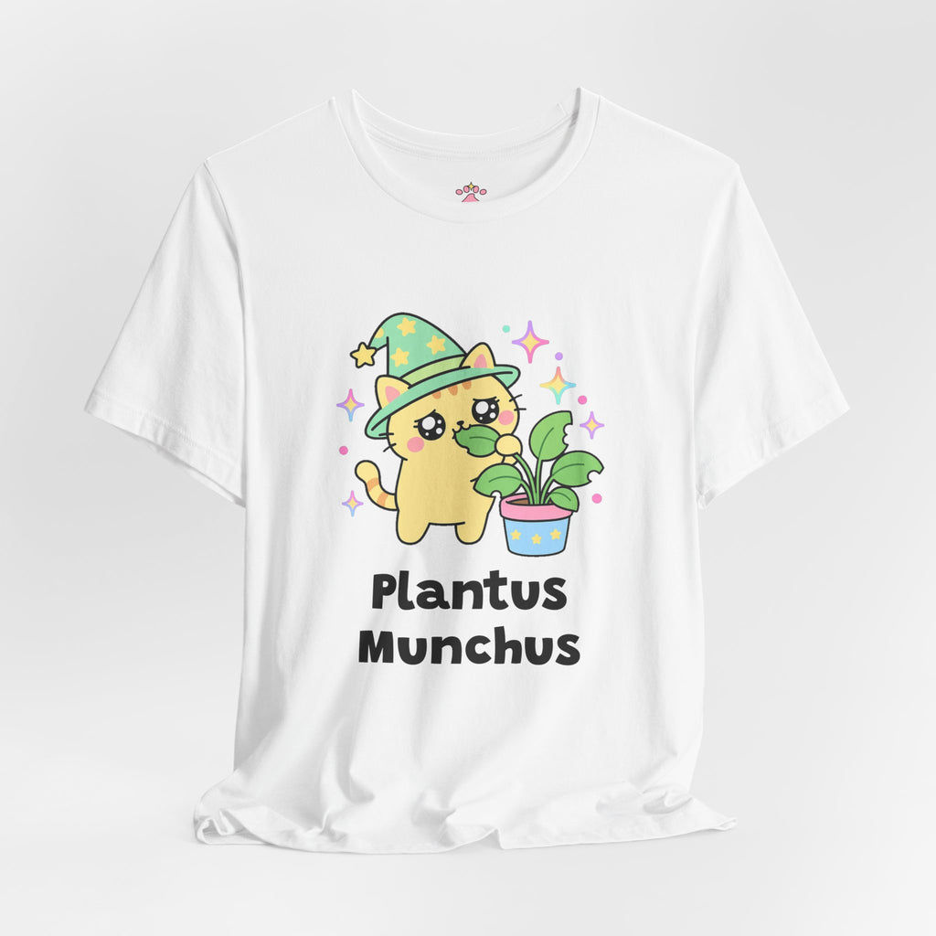 Yellow wizard cat in a green star hat chewing a leaf of a potted houseplant with a guilty sideways look, Plantus Munchus tee