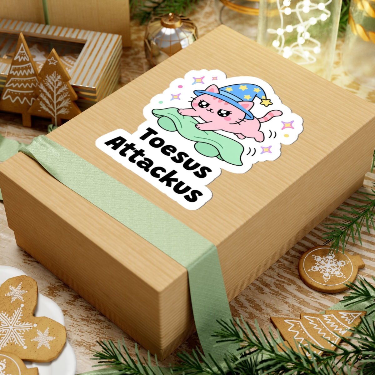 Toesus Attackus wizard cat sticker on a kraft gift box with a green ribbon and holiday cookies