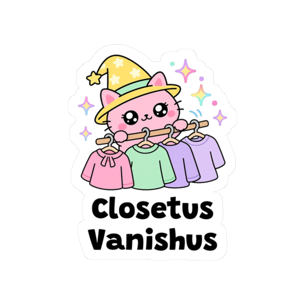Closetus Vanishus kiss-cut vinyl sticker on a white background, size option 4: pink-cheeked wizard cat in a yellow hat peeking out from between clothes in a closet