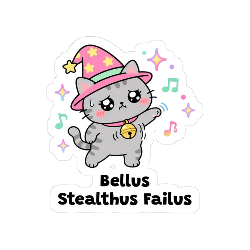 Bellus Stealthus Failus kiss-cut vinyl sticker with a white border: grey wizard cat in a pink hat sneaking with a jingling bell on its collar, with "Bellus Stealthus Failus" in black letters